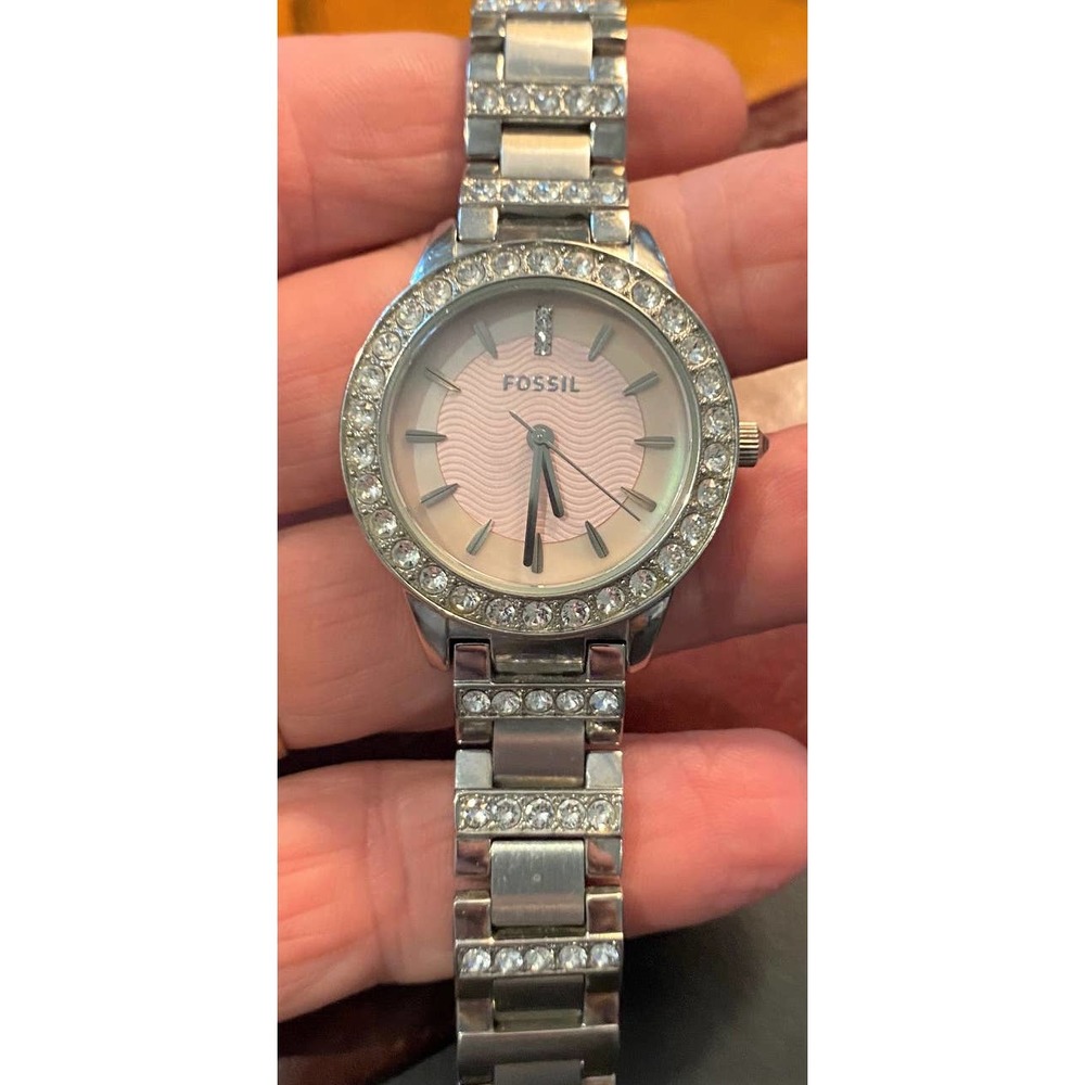 Women's 35mm Silver Tone Fossil Watch, Pale Pink Face, Crystal Accents